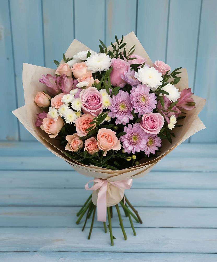 Букет цветов из: Хризантемы, Розы и Альстромерии в Колпне